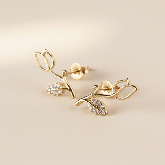 18k Gold Filled Tulip Stud Earrings With Cubic Zirconia Stones