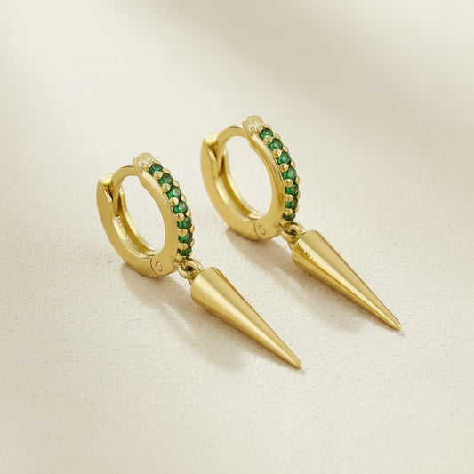 💚 18k Gold Filled Emerald CZ Spike Hoop Earrings — Vivid Green Above. Gold Point Below.