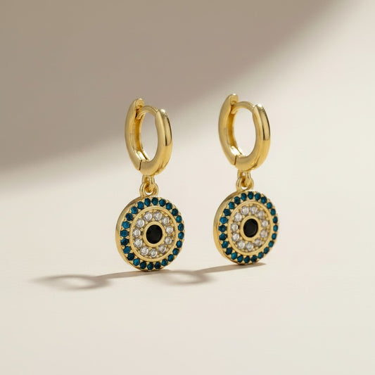 🧿 18k Gold Filled Mandala Evil Eye Hoop Drop Earrings — Two Symbols of Protection. One Beautiful Earring.