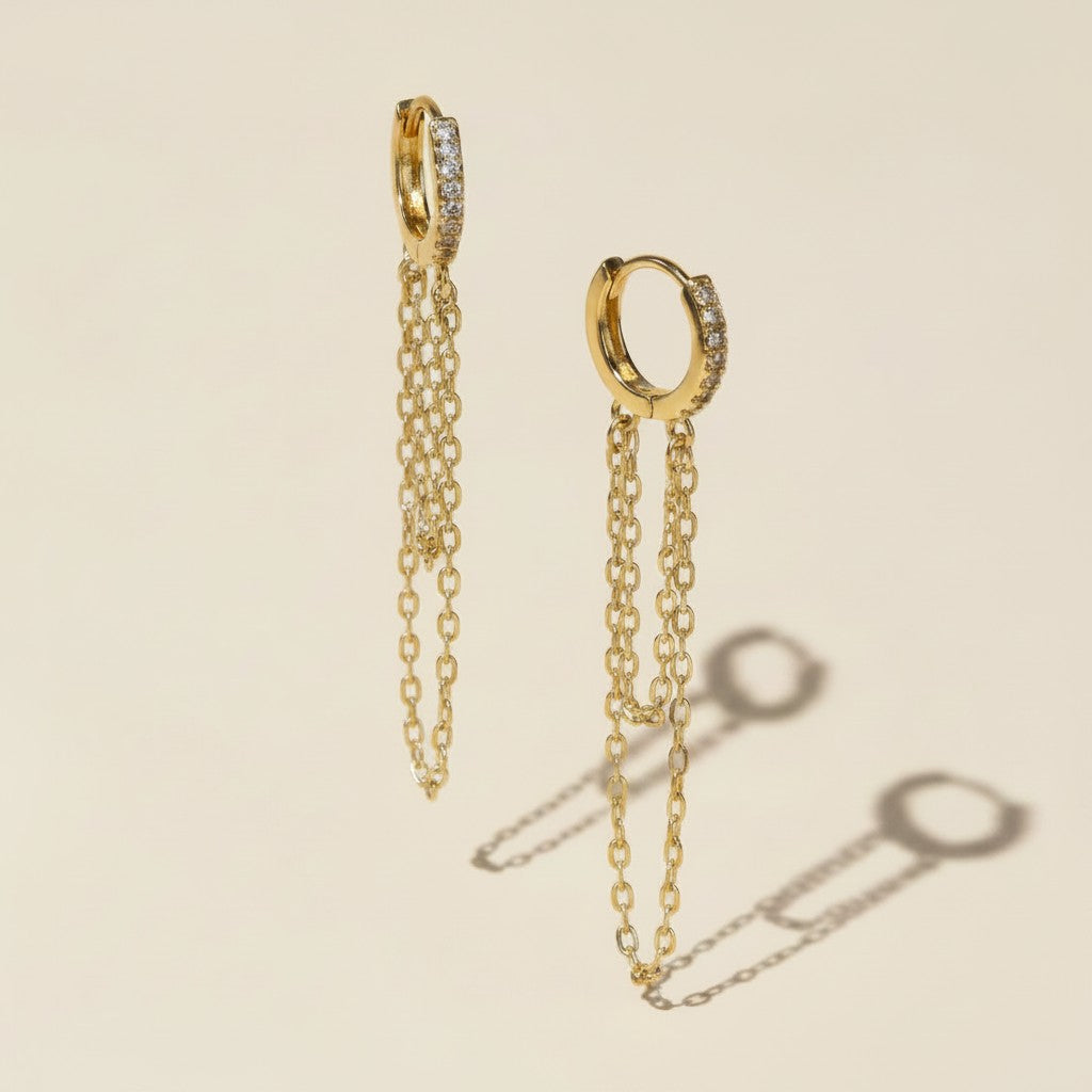 18k Gold Filled CZ Hoop Earrings with Dangling Chains | Bold & Daring Statement