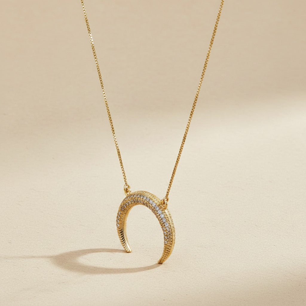18k Gold Filled Moon CZ Pendant Necklace | Diamond Cut Box Chain