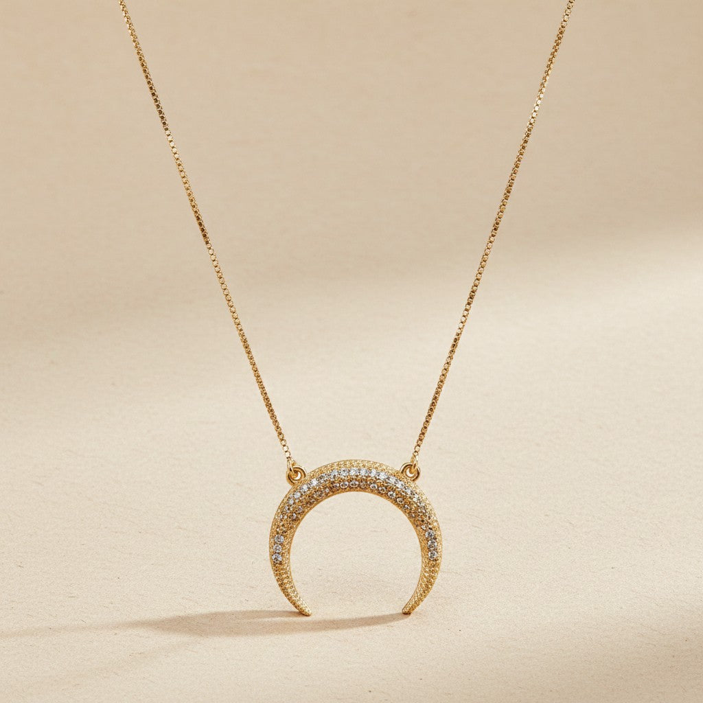 18k Gold Filled Moon CZ Pendant Necklace | Diamond Cut Box Chain