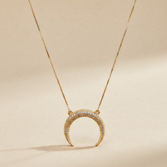 18k Gold Filled Moon CZ Pendant Necklace | Diamond Cut Box Chain