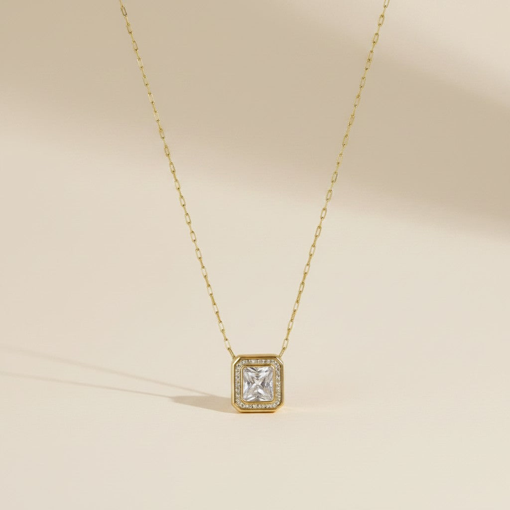 18K Gold Vermeil Bezel Princess Cut CZ Necklace