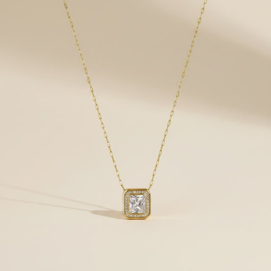 18K Gold Vermeil Bezel Princess Cut CZ Necklace