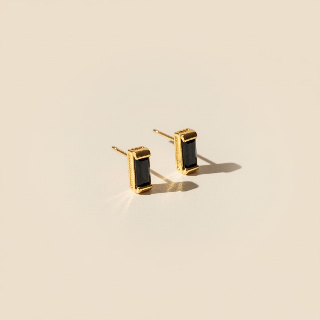 Black Cubic Zirconia Baguette Stud Earrings In 18k Gold Filled