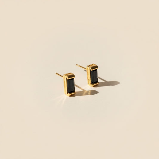 Black Cubic Zirconia Baguette Stud Earrings In 18k Gold Filled