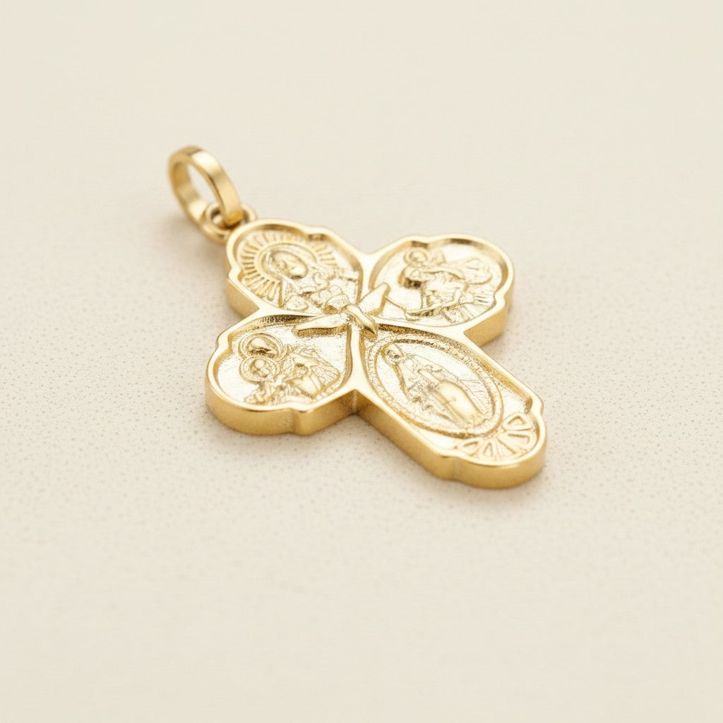 ✝️ 18k Gold Filled Catholic 4-Way Cross Pendant — Five Protections. One Pendant. Always With You.