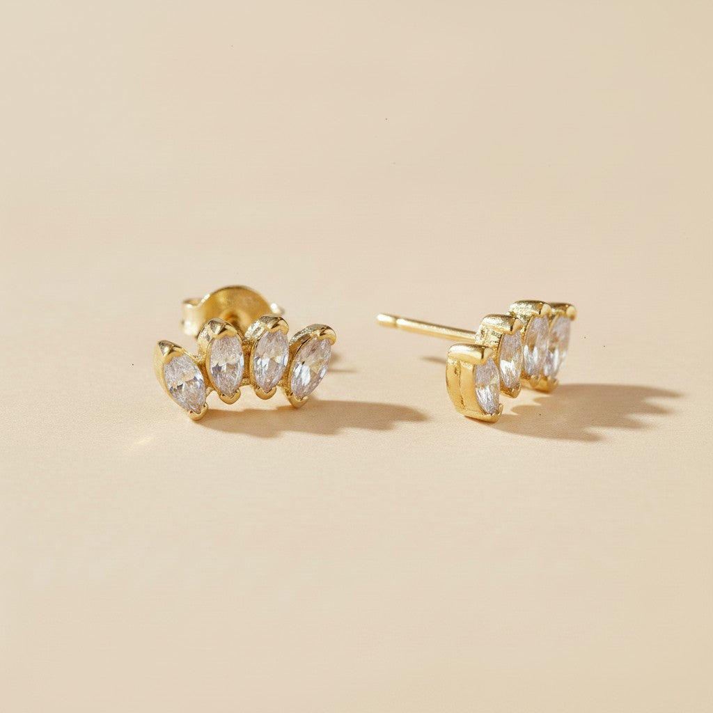 ✨ 18k Gold Filled CZ Curved Bar Stud Earrings — A Line That Curves. Stones That Follow It.
