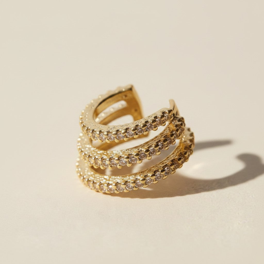 ✨ 18k Gold Filled Triple Row CZ Ear Cuff — Three Lines of Sparkle. One Bold Statement. No Piercing.