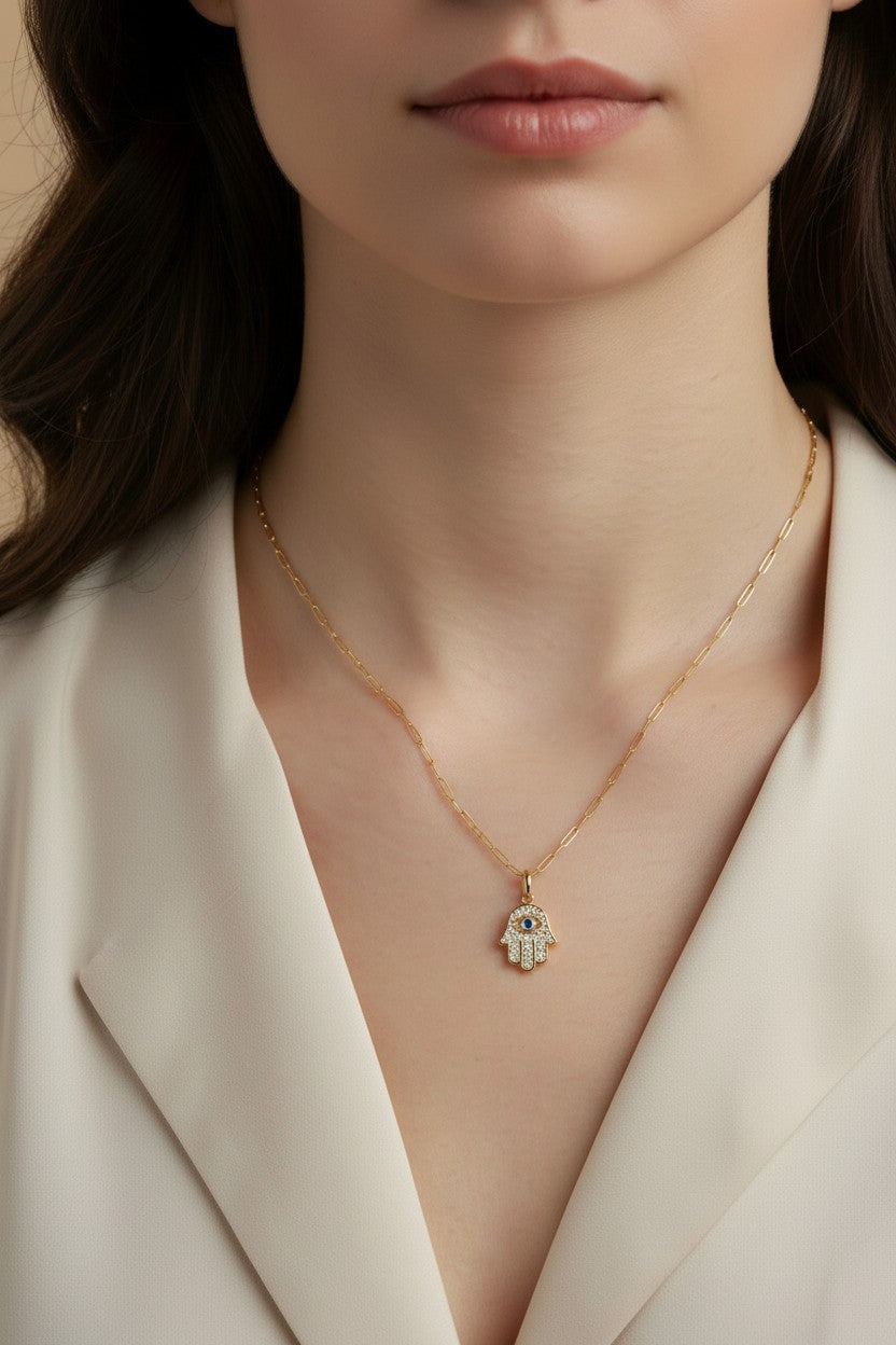 Evil Eye Hamsa Pendant | Hand of Fatima Charm | Protection Jewelry | CZ Diamond Pendant for Women