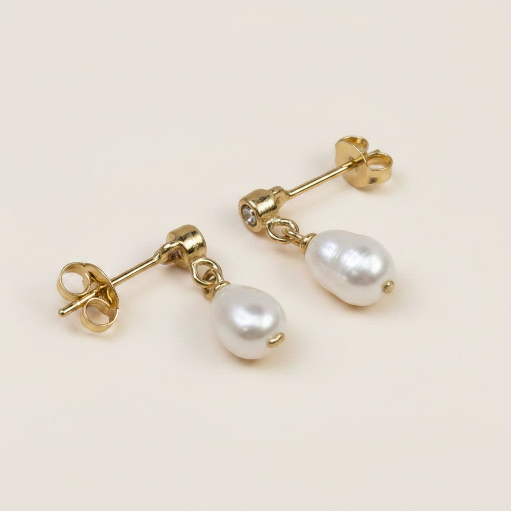 🤍 18k Gold Filled Freshwater Baroque Pearl & CZ Dangle Earrings — Crystal Above. Pearl Below. Nature's Own Pair.