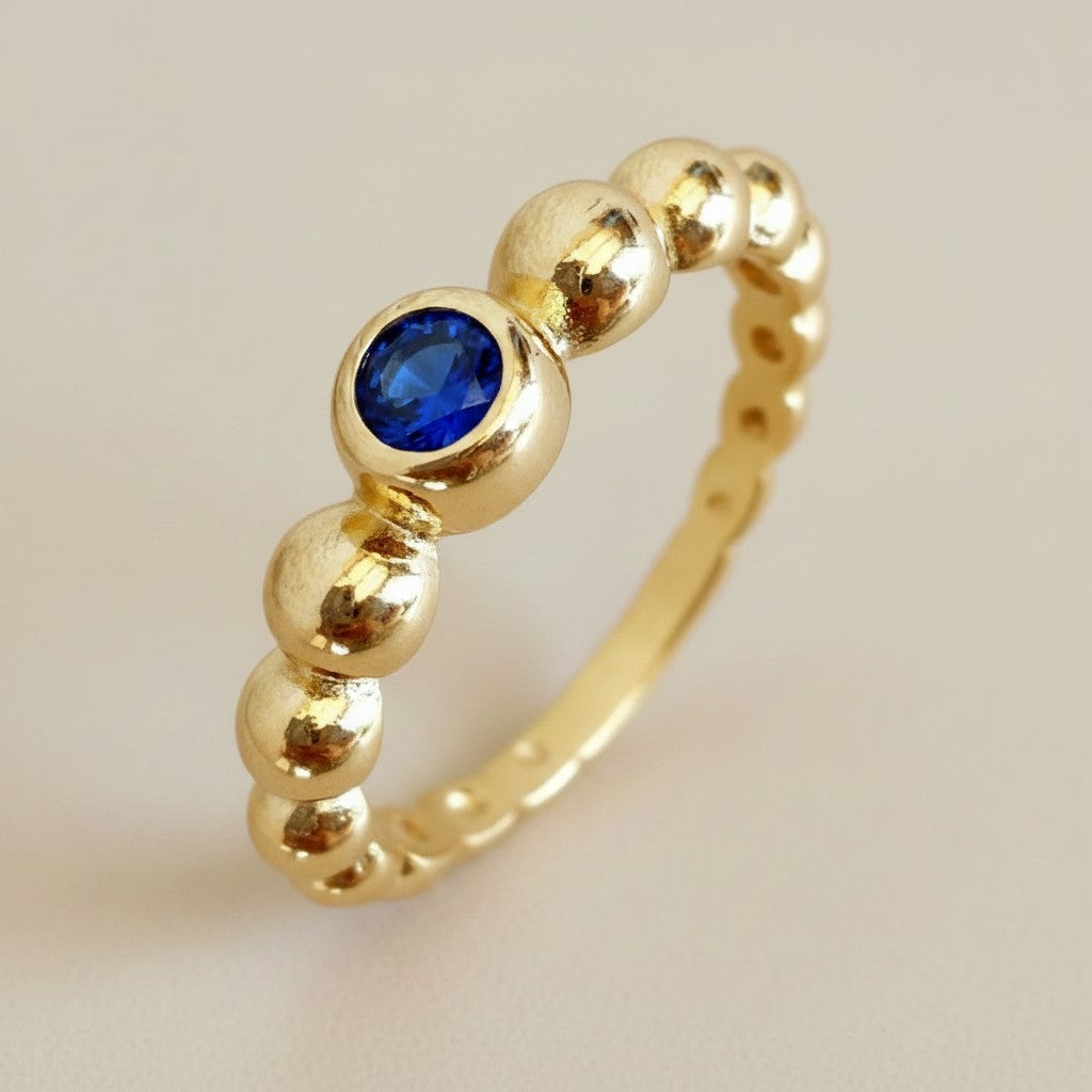 18k Gold Filled Beaded Blue CZ Bezel Ring | Avant-Garde Elegance