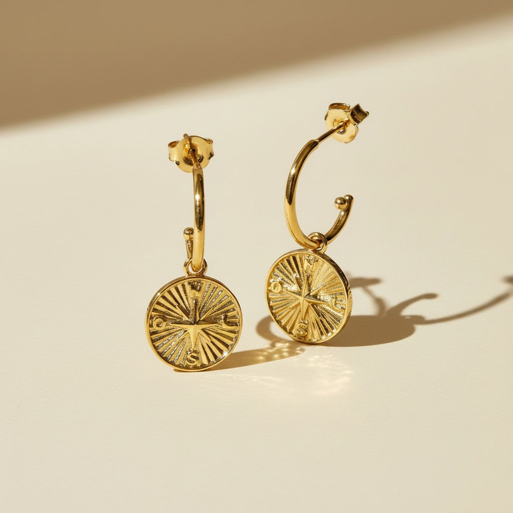 🧭 18k Gold Filled Compass Charm C-Hoop Earrings — Find Your Direction. Wear It at the Ear.