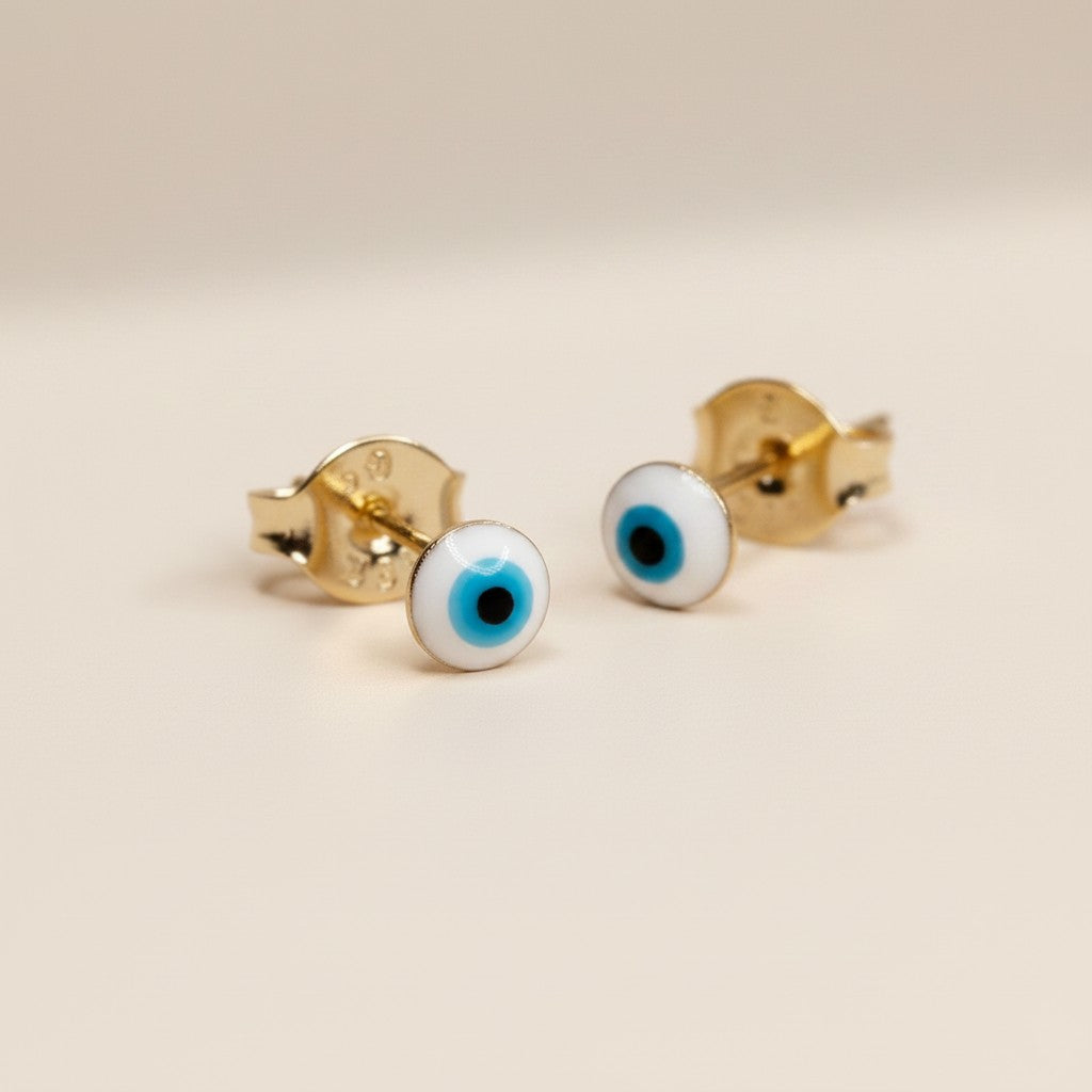 👁️ 18k Gold Filled Blue & White Evil Eye Stud Earrings — The Classic Gaze. The Original Color. Always Watching.