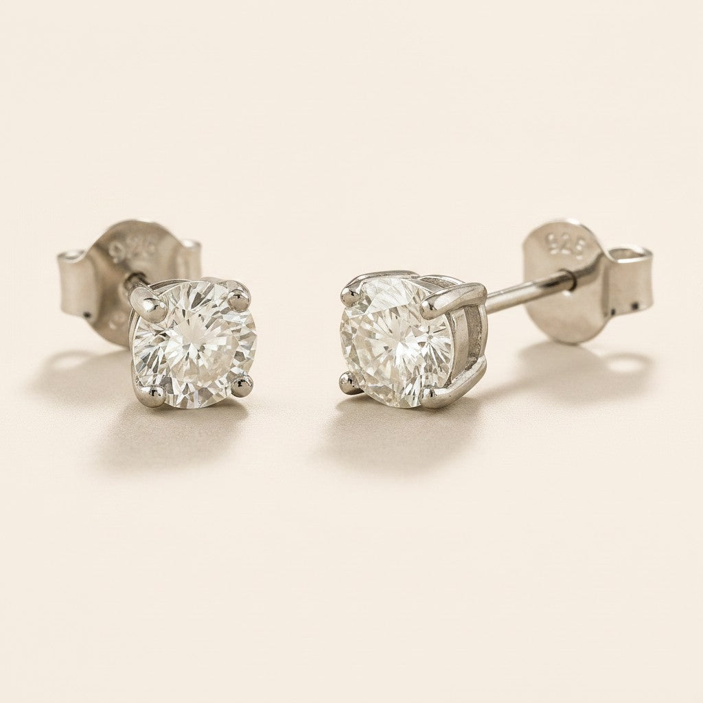 Princess Cut Moissanite Stud Earrings | .925 Sterling Silver, Rhodium Plated