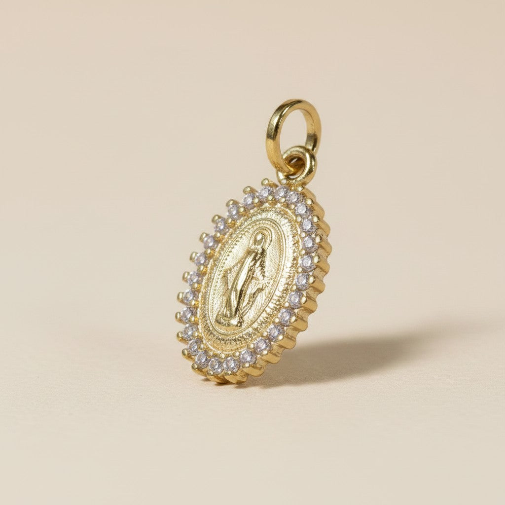 18k Gold Filled Double Sided CZ Lady of Grace Medal Pendant