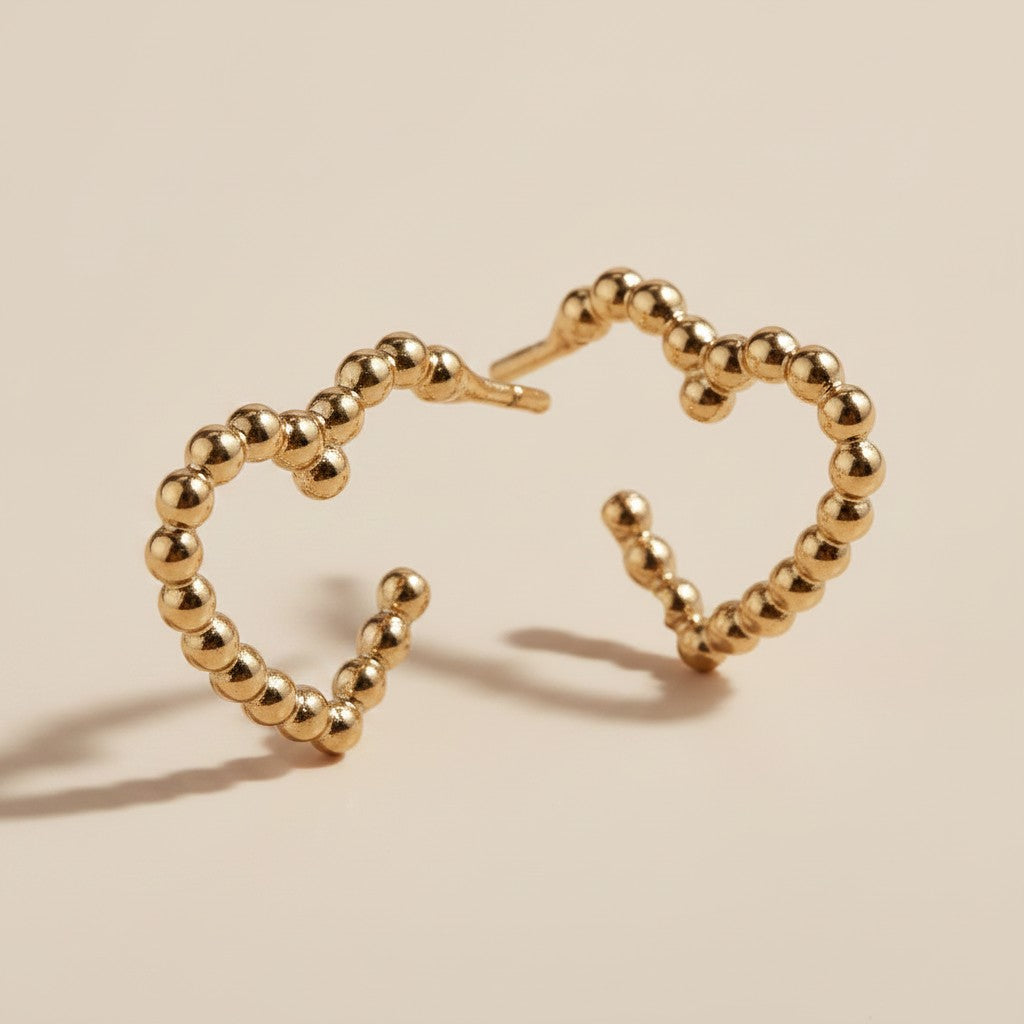 💛 18k Gold Filled Beaded Heart Hoop Earrings — The Love Shape, Traced in Granulated Gold.