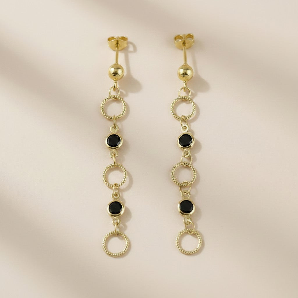 18k Gold Filled Black Bezel CZ & Circles Dangling Earrings