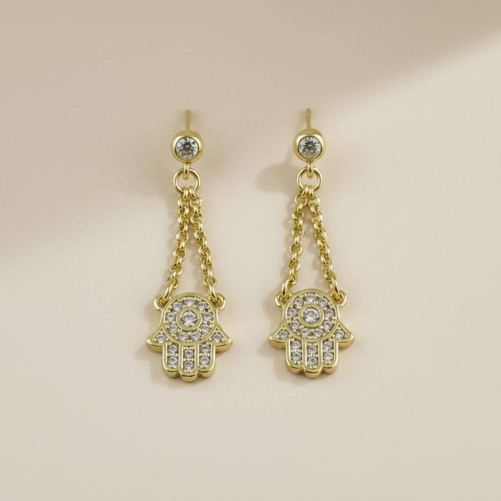 🤲 18k Gold Filled CZ Hamsa Double Chain Dangle Earrings — Protection That Moves With You