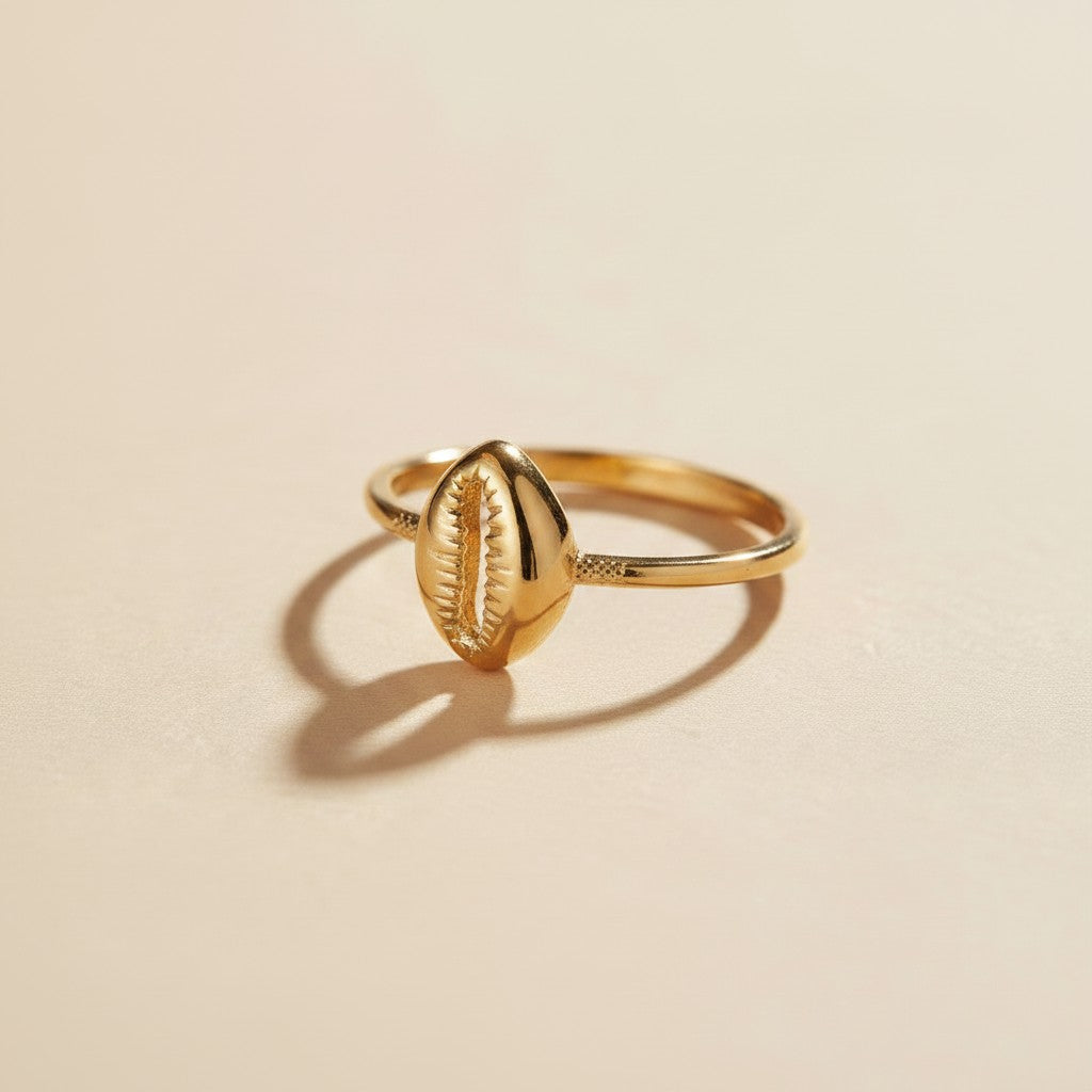 🐚 18k Gold Filled Cowrie Shell Ring — Prosperity. Destiny. Worn at the Finger in Warm Gold.