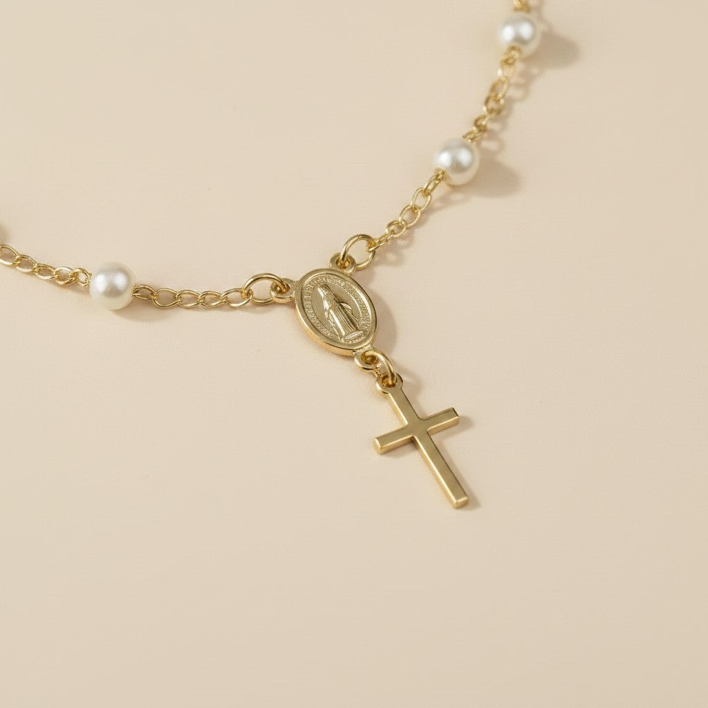 18k Gold Filled Pearl Rosary Bracelet — Faith at the Wrist. Worn One Bead at a Time.