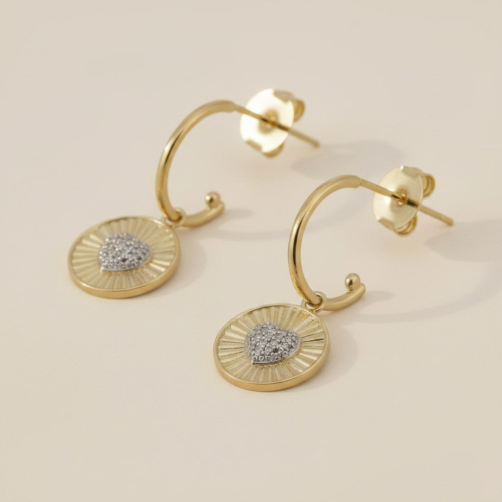 18k Gold Filled Spoke Texture Heart Charm Cubic Zirconia Earrings