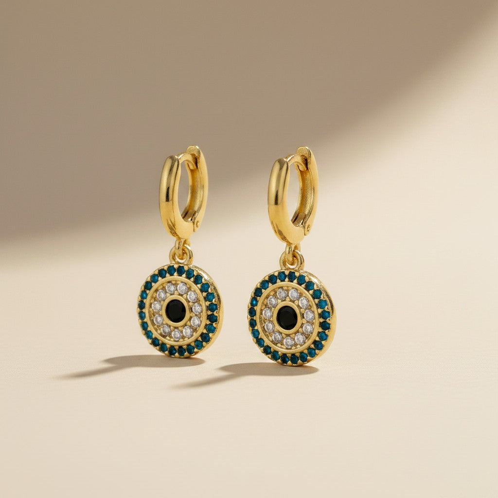 🧿 18k Gold Filled Mandala Evil Eye Hoop Drop Earrings — Two Symbols of Protection. One Beautiful Earring.