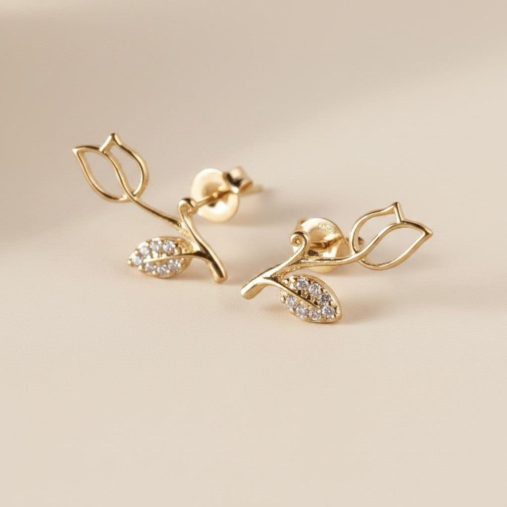 18k Gold Filled Tulip Stud Earrings With Cubic Zirconia Stones