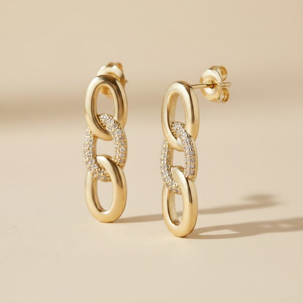 ✨ 18k Gold Filled Faux Chain Pavé CZ Drop Earrings — The Chain Link, Frozen in Gold and Covered in Light.
