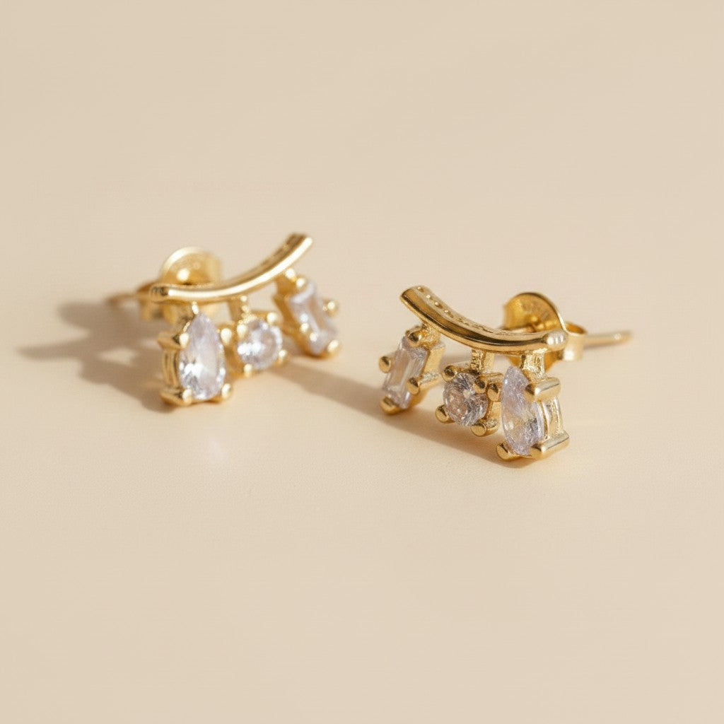 ✨ 18k Gold Filled Three-Shape CZ Cluster Stud Earrings — Drop. Circle. Baguette. One Masterful Composition.