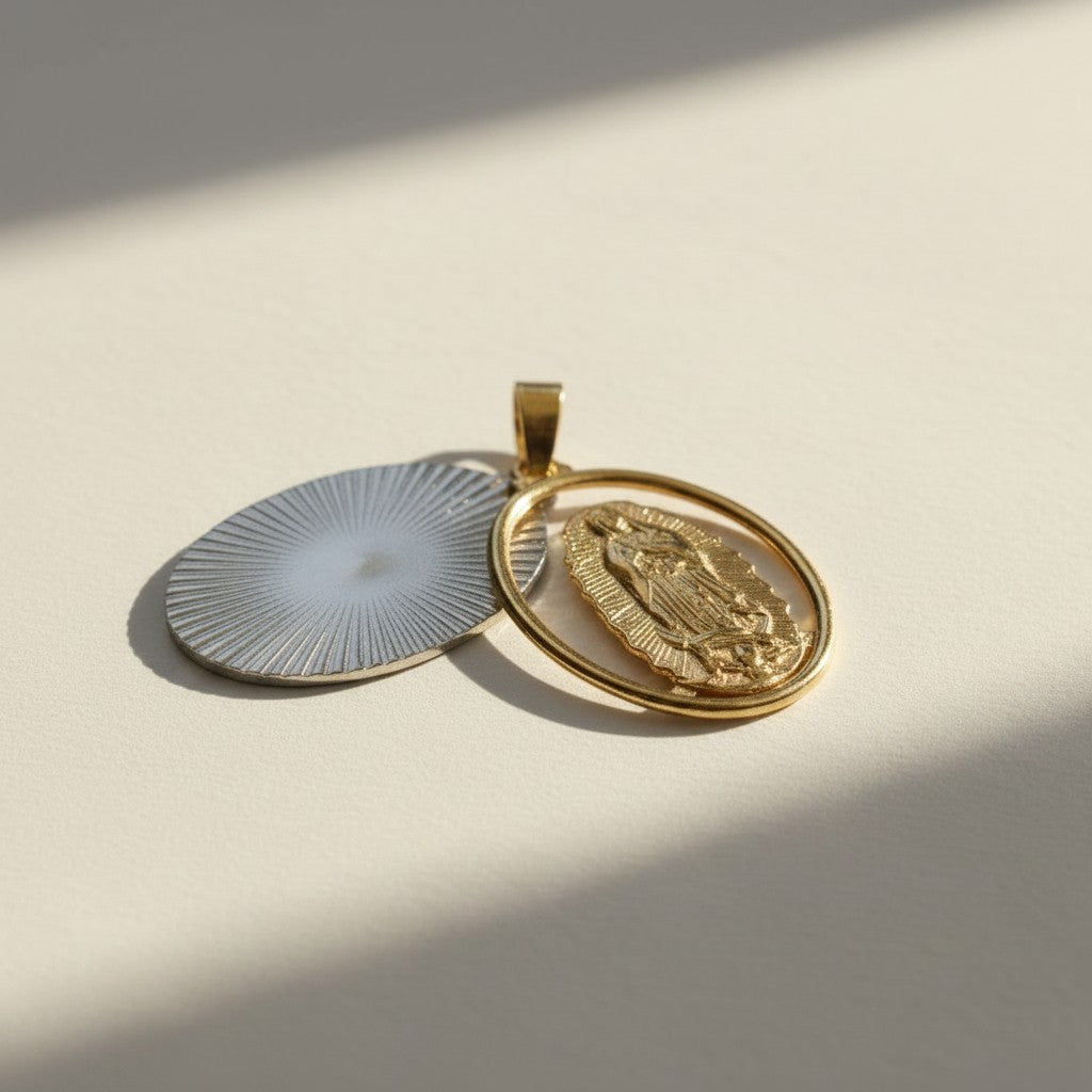 18k Gold Filled Hollowed Oval Lady of Guadalupe Pendant Featuring Rose Gold Detail, Stainless Steel Plate, Wholesale Jewelry Making Supplies