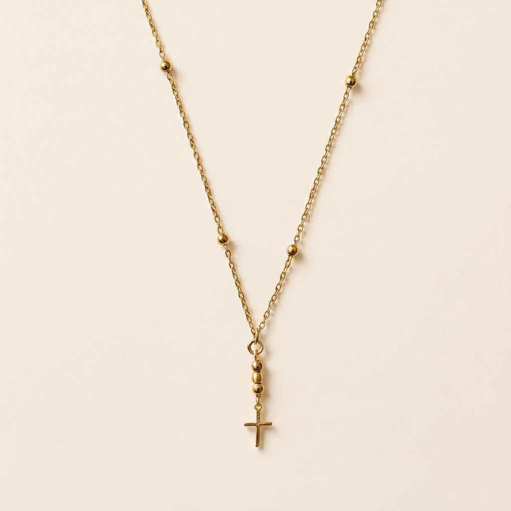 18k Gold Filled Simple Cross Necklace | Beaded Chain, Timeless Faith