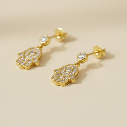 18k Gold Filled CZ Hamsa Drop Earrings — Protection Above. Sparkle Below.