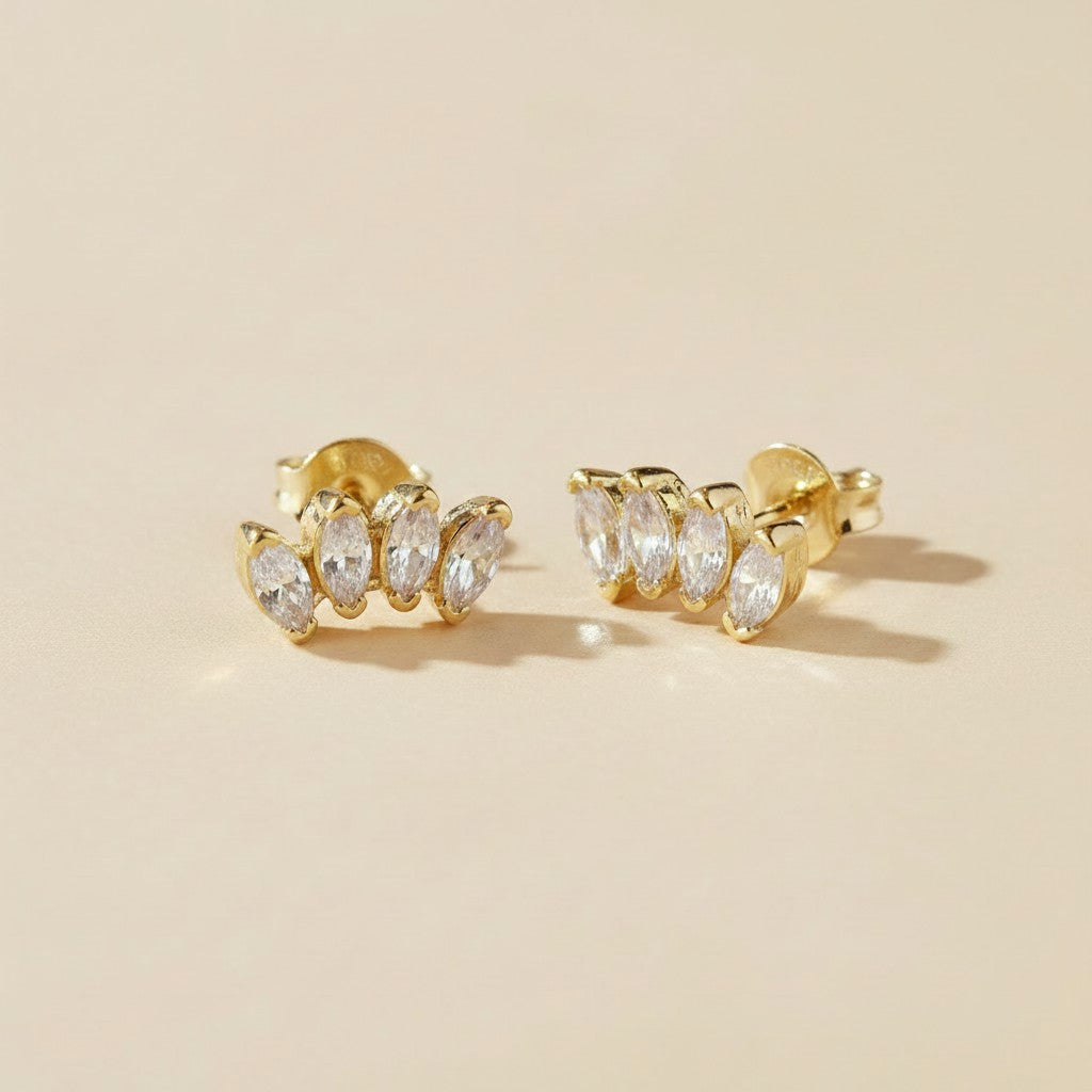 ✨ 18k Gold Filled CZ Curved Bar Stud Earrings — A Line That Curves. Stones That Follow It.