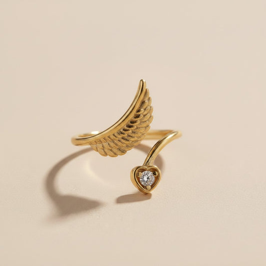 💛 18k Gold Filled Heart &amp; Wing CZ Ring — Love on One Side. Freedom on the Other