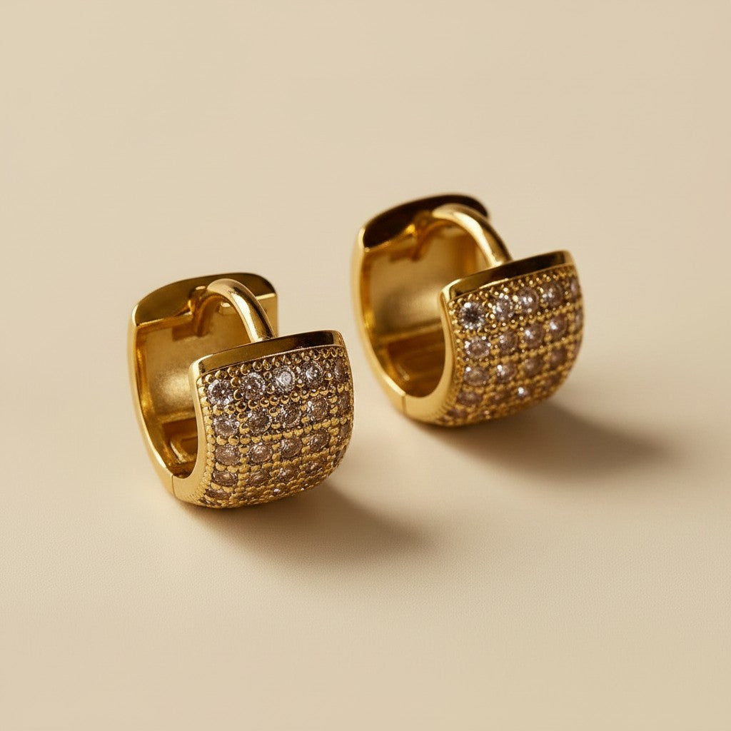 18k Gold Filled Chunky Mini Huggie Hoop Earrings | 4-Row CZ Sparkle