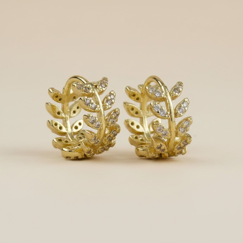 🌿 18k Gold Filled CZ Leaf Motif Clicker Hoop Earrings — Nature Patterned in Crystal. The Hoop Reimagined.