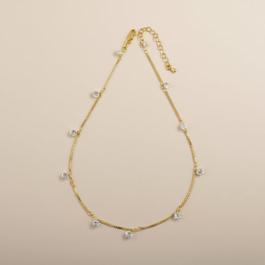 18k Gold Filled Box Chain & Dangling CZ Stones Necklace