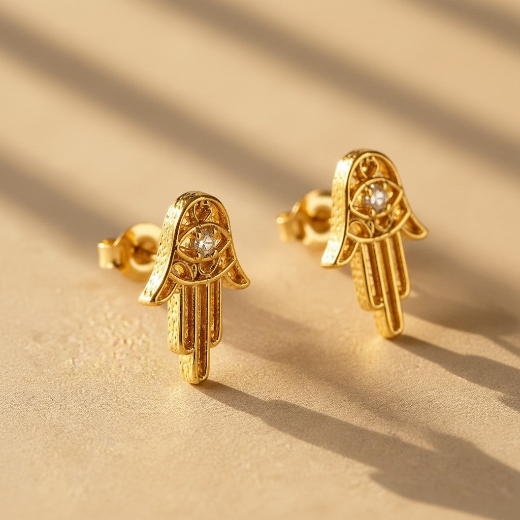 18k Gold Filled Hamsa Stud Earrings | Hollow CZ Design