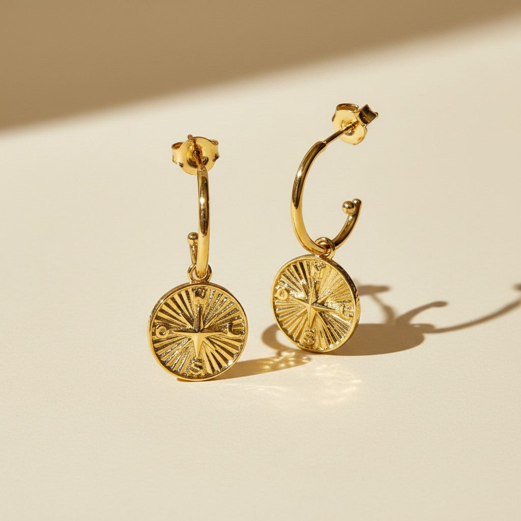 🧭 18k Gold Filled Compass Charm C-Hoop Earrings — Find Your Direction. Wear It at the Ear.
