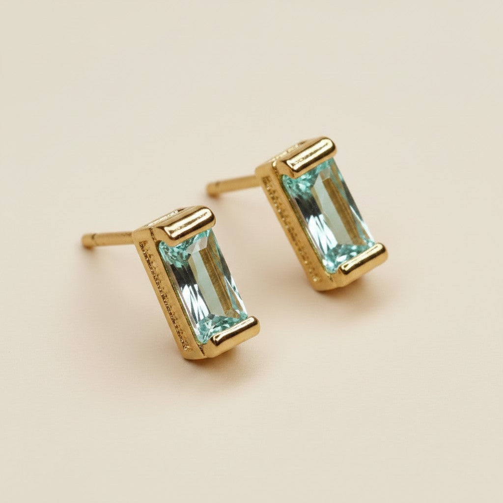 18k Gold Filled Baguette Birthstone Stud Earrings | Personalized Birthday Gift