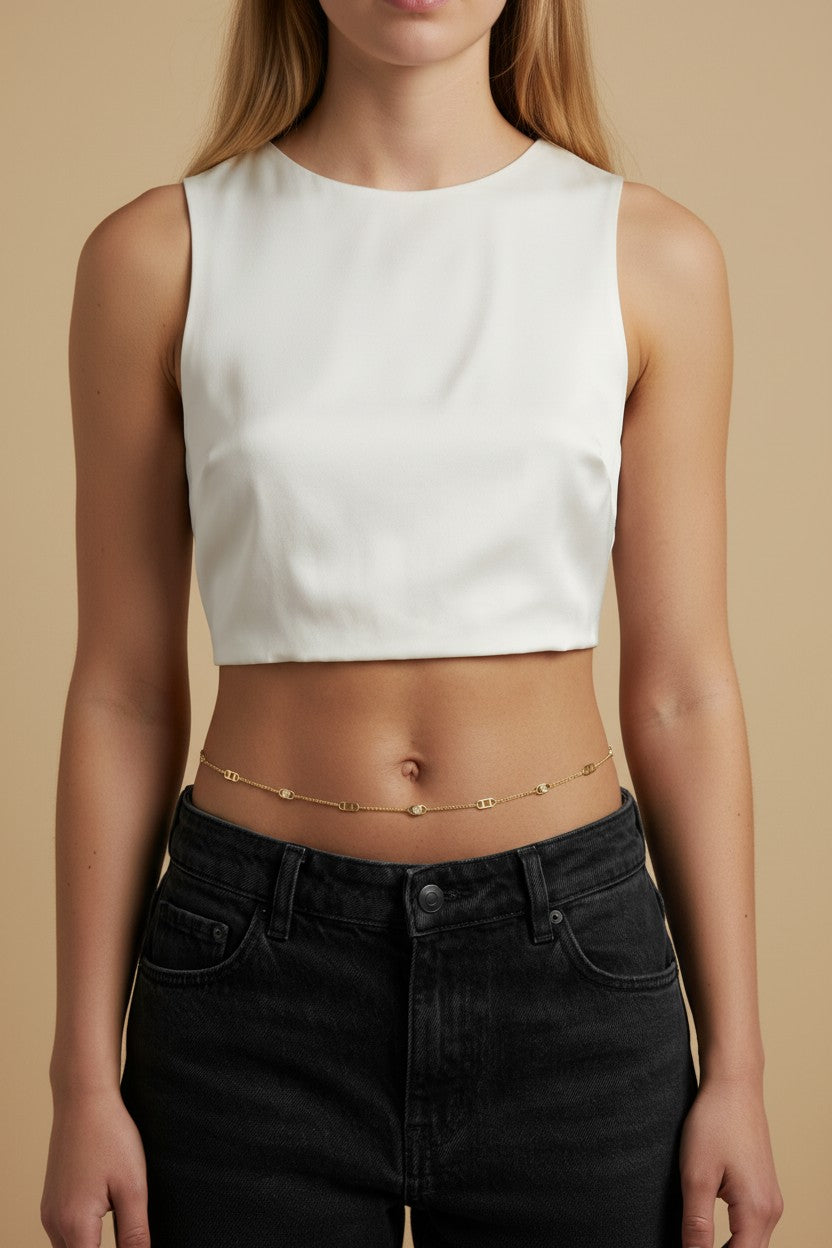 ✨ 18k Gold Filled Rectangular Plate CZ Belly Chain — Structure. Sparkle. The Most Modern Waist.