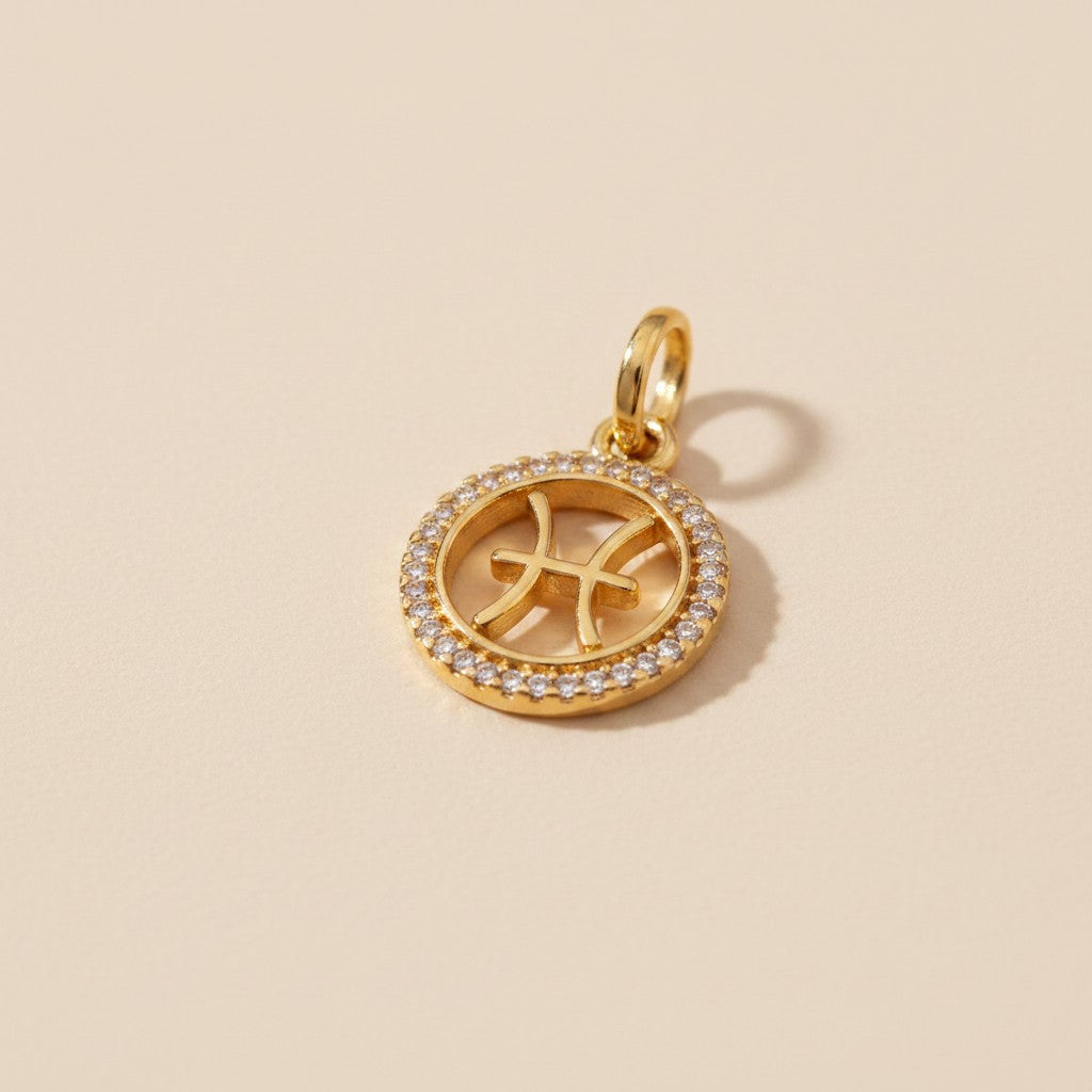♓ 18k Gold Filled Mini Pisces Zodiac Pendant — The Dreamer's Sign. CZ-Edged. Worn With Depth.