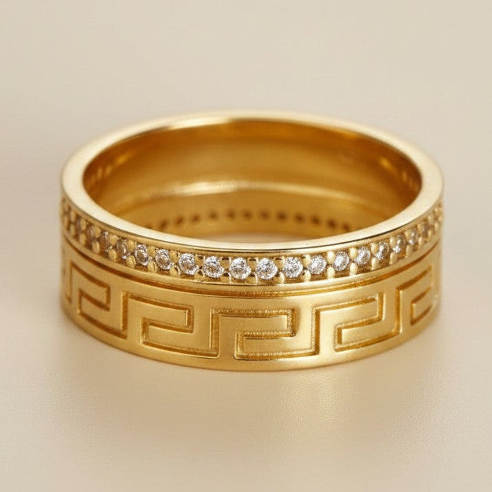 ✨ 18k Gold Filled Greek Pattern CZ Band Ring — Ancient Craft. Modern Finger. Timeless Beauty.