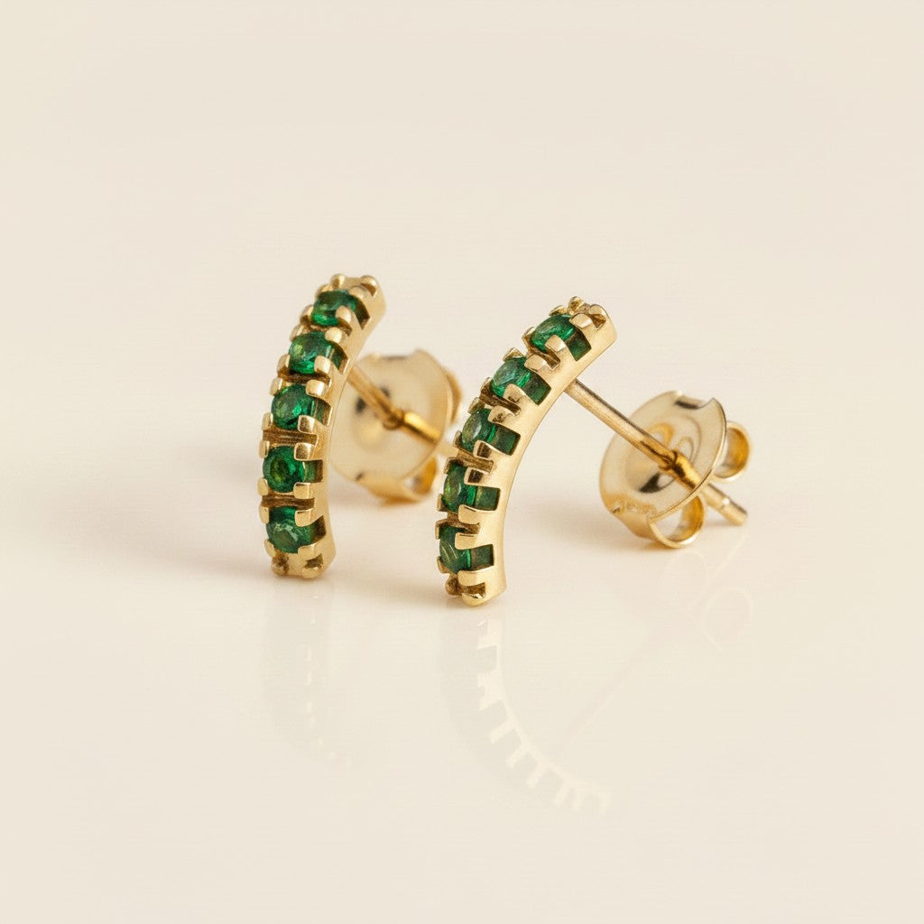 💚 18k Gold Filled Curved Bar Emerald Crystal Stud Earrings — Five Green Stones. One Graceful Curve.