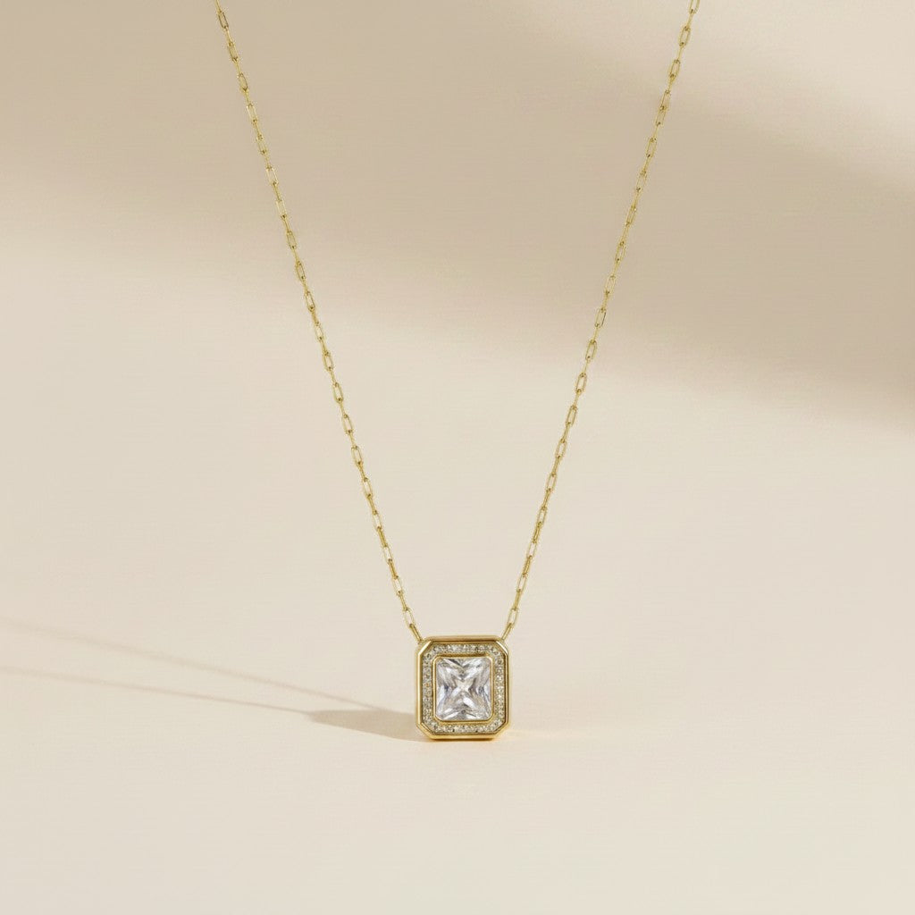 18K Gold Vermeil Bezel Princess Cut CZ Necklace
