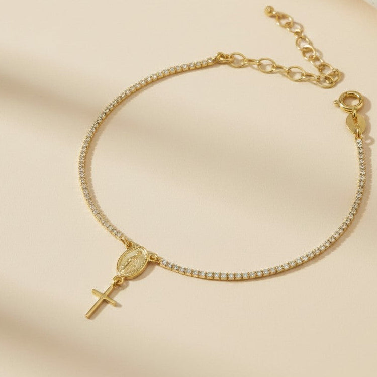 🙏 18k Gold Filled Miraculous Mary CZ Tennis Bracelet — Continuous Sparkle. Unwavering Faith.