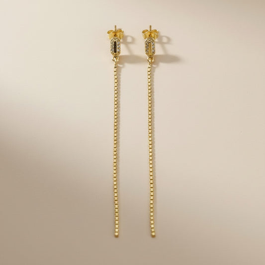 18k Gold Filled CZ Box Chain Drop Earrings — Structured Sparkle, Effortless Drama