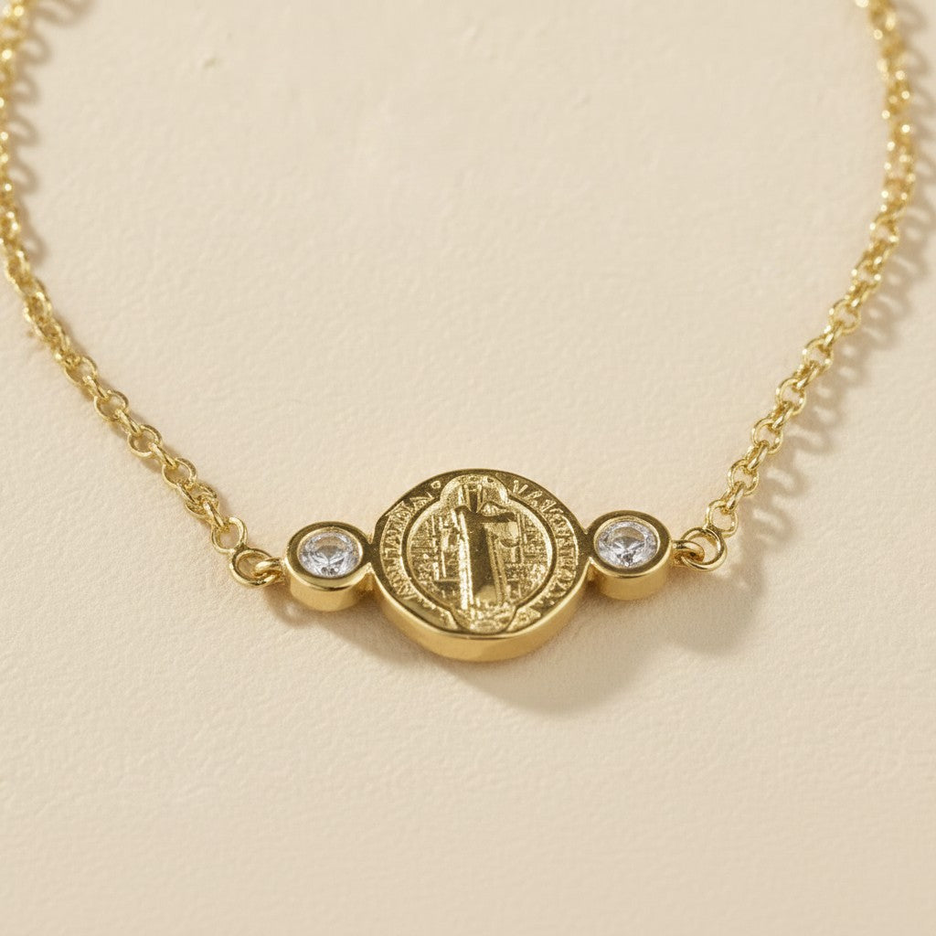 🙏 18k Gold Filled Saint Benedict Medal Bracelet — Protection at the Wrist. Faith That Sparkles.